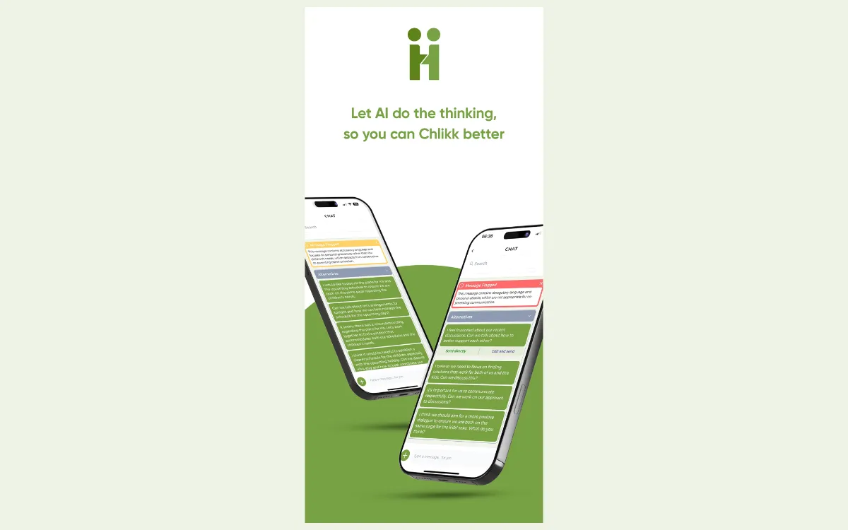 Chlikk CoParenting app screens with the caption: Let AI do the thinking, so you can Chlikk better