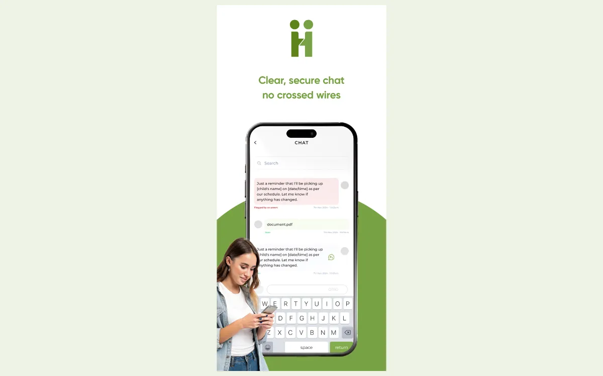 Chlikk CoParenting app chat screen with the caption: Clear, secure chat, no crossed wires