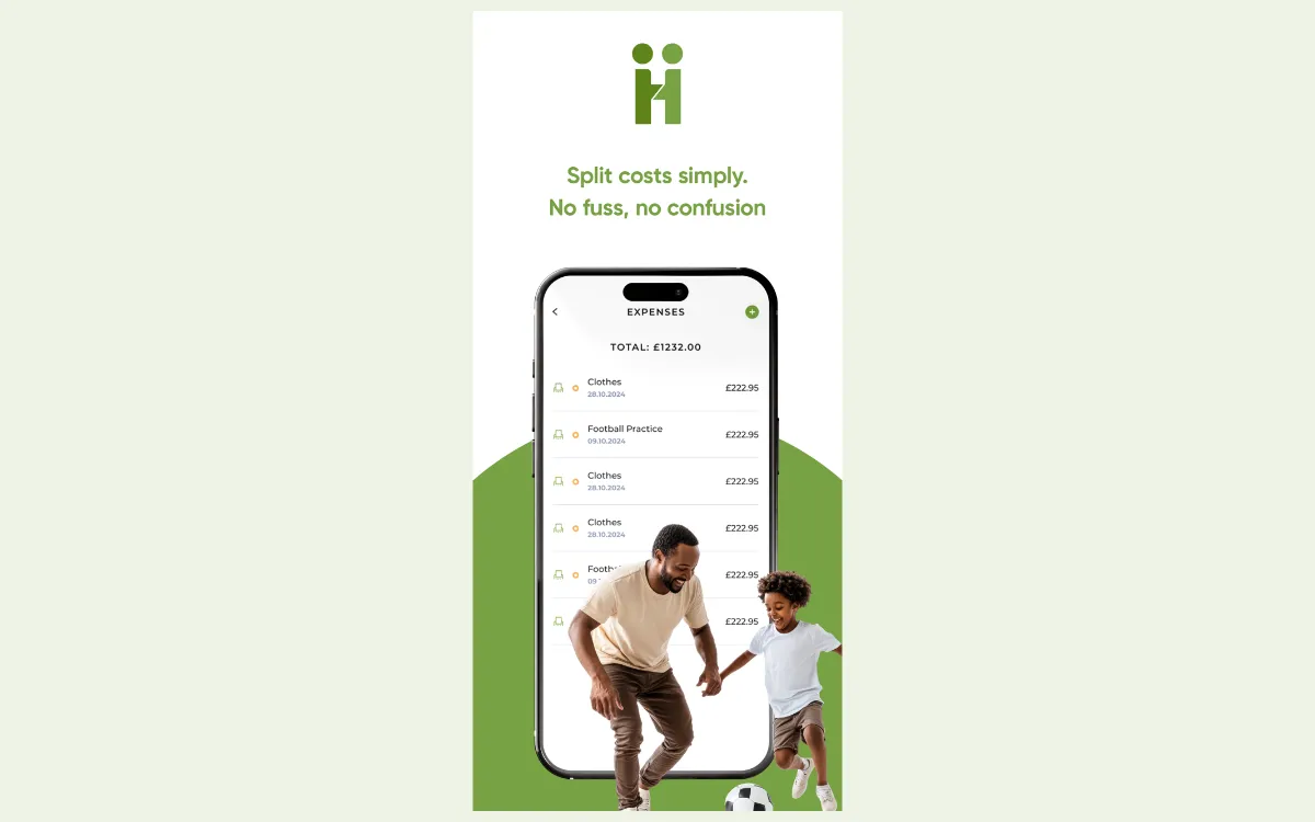 Chlikk CoParenting app expenses screen with the caption: Split costs simply. No fuss, no confusion