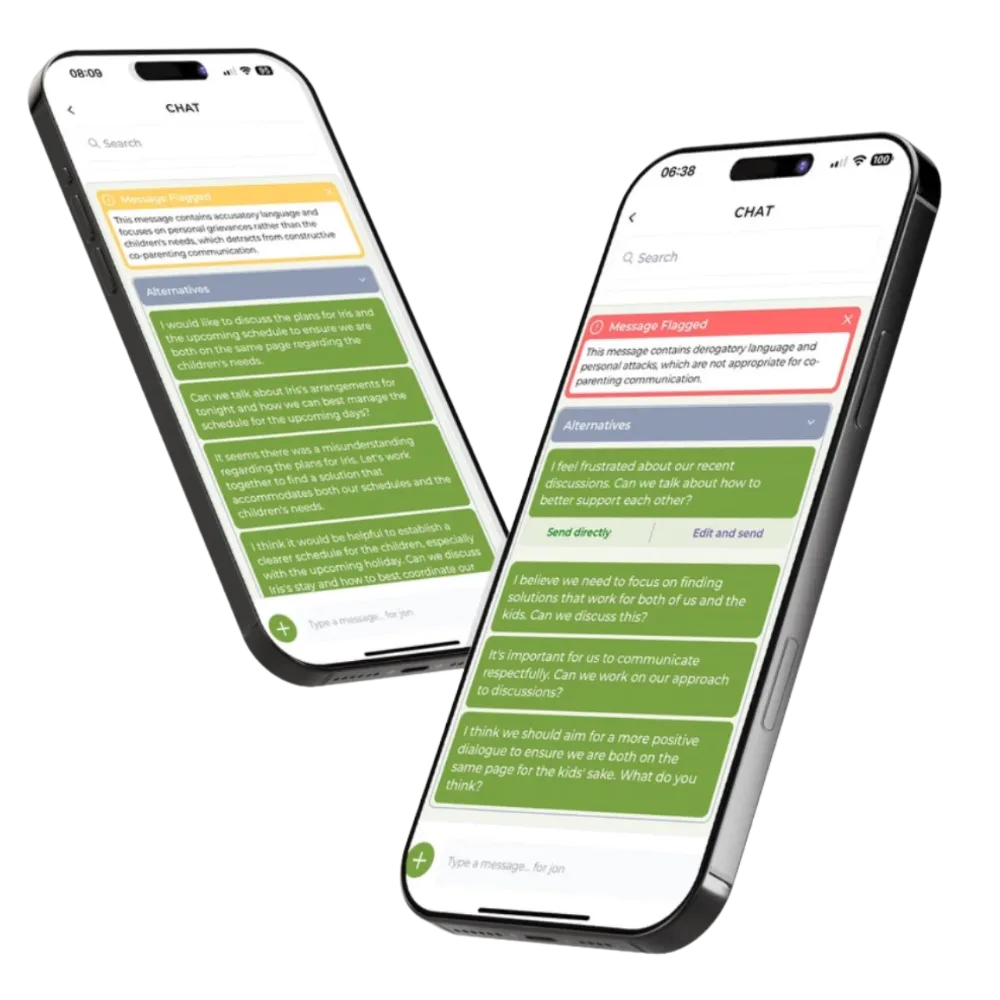 Two phones showing message screens in the Chlikk CoParenting app