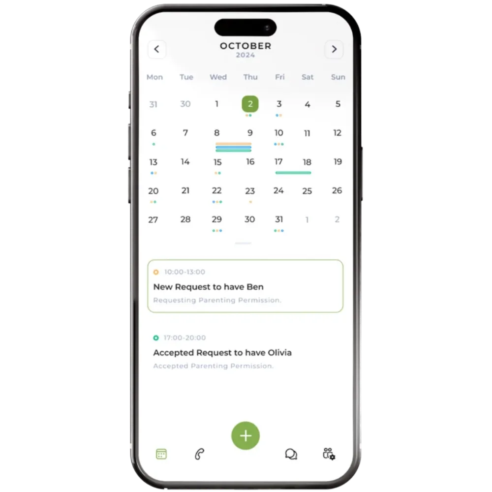Chlikk CoParenting app showing the shared calendar in month view